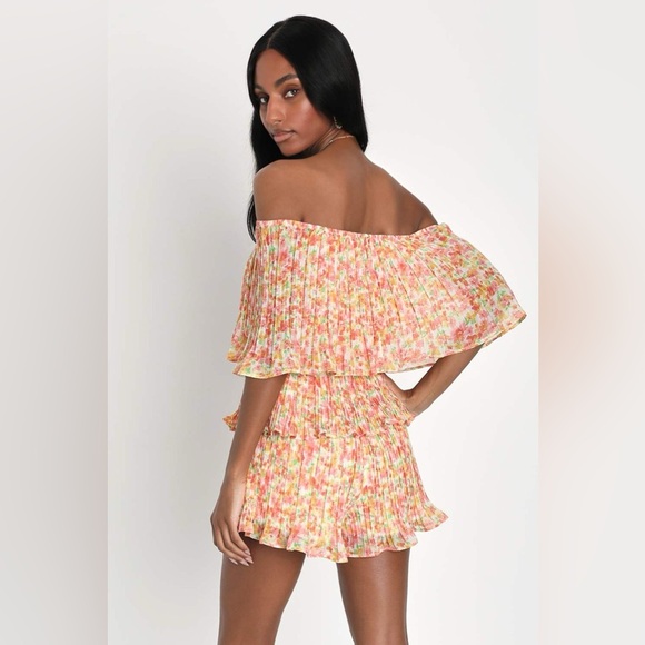 Lulus Gala Ready Peach Multi Floral Pleated Off-the-Shoulder Romper - Picture 4 of 10